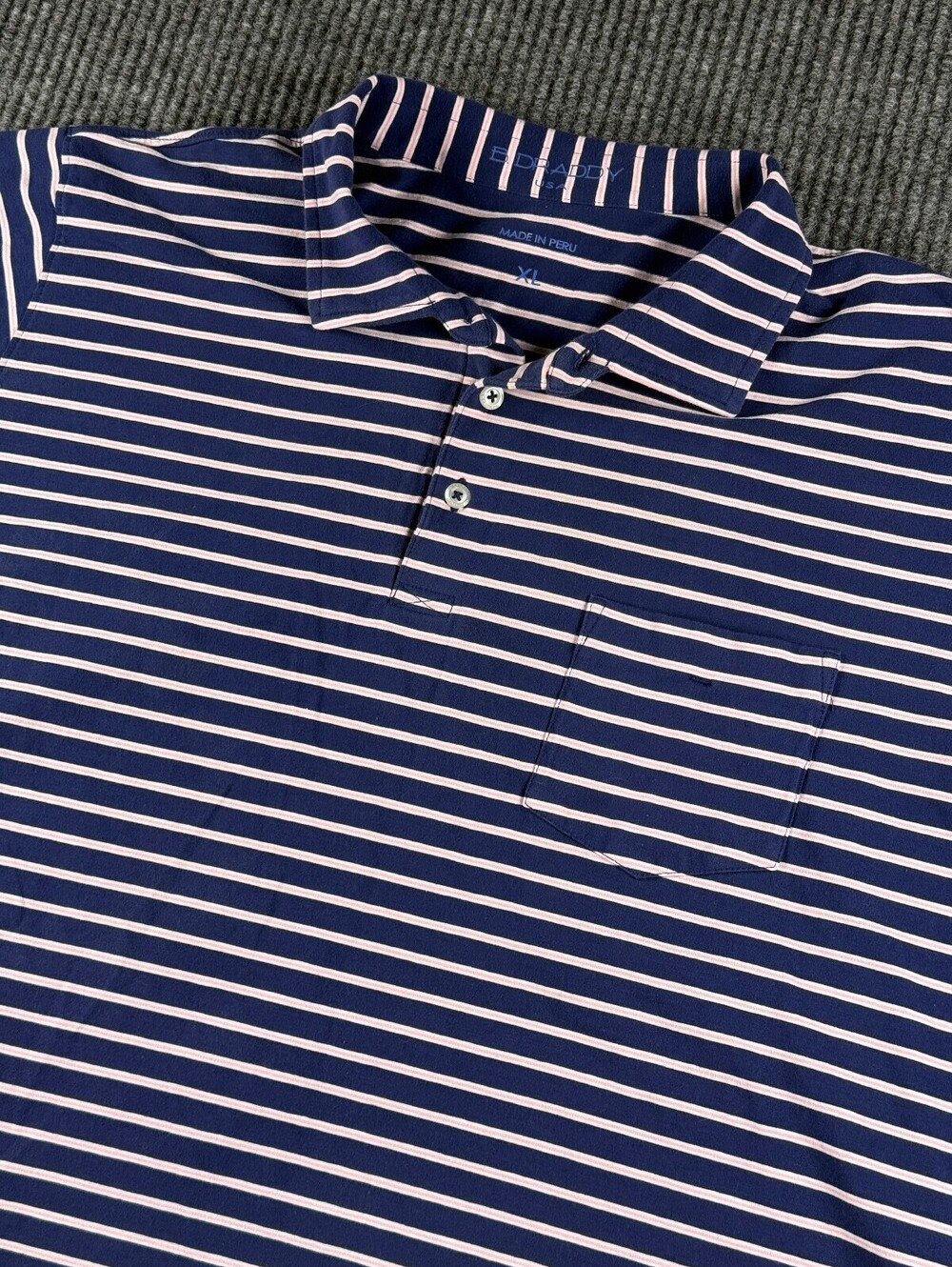B. Draddy Golf Polo Mens XL Ocean Club Paradise Island Navy Pink Striped Stretch